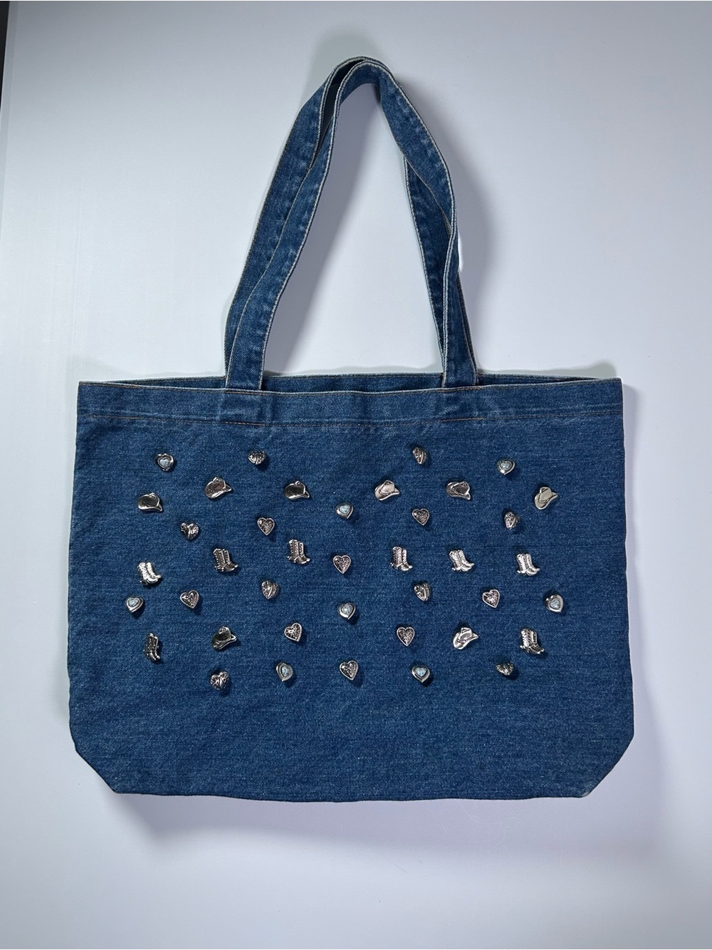 Denim Studded Tote Bag in Blue